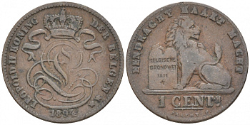 БЕЛЬГИЯ 1 САНТИМ 1894 BELGEN KM 34.1 медь 4549-959