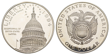 США 1 доллар 1994 S, 200 лет Капитолию, оригинальная коробка, сертификат, KM 253 серебро PROOF 3-6-5-07