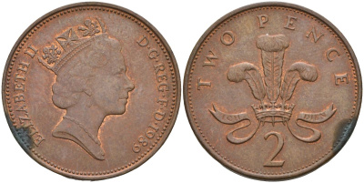 Великобритания 2 пенса 1989 Елизавета II (1952-2022) KM 936, Spink 4376 (C3) бронза 4116-745