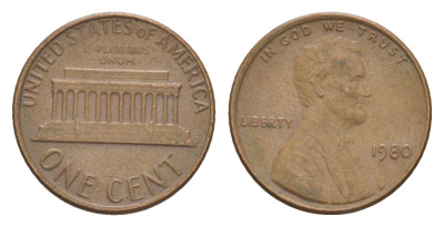 США 1 цент 1980 Авраам Линкольн KM 201 медь цинк 4649-1242