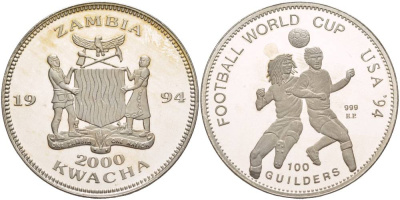 Замбия 2000 квача - 100 гульденов 1994 чемпионат мира по футболу В США 1994 года, два игрока, ошибка (100 Guilders) KM 138 медно-никель PROOF 1081-8-11