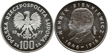 Польша 100 злотых 1977 Владислав Реймонт (1867-1925), пробный выпуск (PROBA) KM Pr 303, Parchimowicz 372a серебро PROOF 441-615