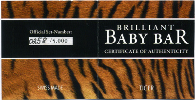 Ниуэ 5 долларов 2011 серия Brilliant baby bar, тигренок, вес 1 гр., тираж 5000 экземпляров, номер 258, вставка бриллиант, в оригинальной упаковке с сертификатом KM 620 золото  PROOF  1-5-2-62