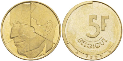 БЕЛЬГИЯ 5 ФРАНКОВ 1992 BELGIQUE, БОДУЭН I (1951-1993) KM 163 латунь или алюминиевая бронза 4364-3121