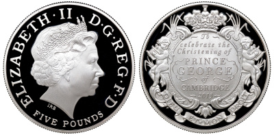 Великобритания 5 фунтов 2013 Елизавета II (1952-2022), Крещение Принца Джорджа Кембриджского, тираж 12500 экземпляров, в оригинальной коробке, с сертификатом KM 1259, Spink L27 серебро  PROOF  4-3-3-01