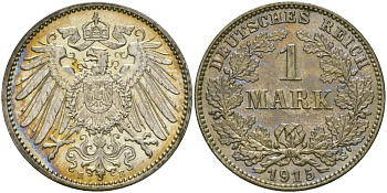 Германия 1 марка 1915 E Weege 18, J. 17, KM 14 серебро aUNC 98-1145