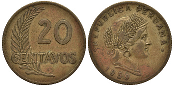 ПЕРУ 20 СЕНТАВО 1959 KM 221.2 латунь VG 4182-545