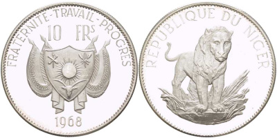 Нигер 10 франков 1968 лев, без черты над Е, в слове Republique KM 8.2 серебро PROOF 1080-3-64