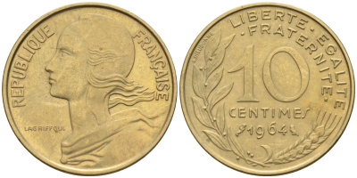 Франция 10 сантимов 1964 тип Марианна KM 929 медь алюминий никель    4594-1153