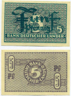 ФРГ 5 ПФЕННИГОВ 1948 BANK DEUTSCHER LANDER Pick 11a, Rosenberg 250а бумага UNC (ПРЕСС) 8613-14-1-2