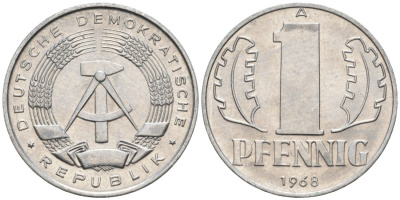 ГДР 1 пфенниг 1968 А KM 8.1 алюминий aUNC 4564-1021