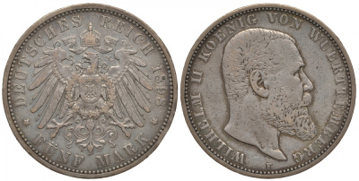 Вюртемберг 5 марок 1898 F, Вильгельм II (1891-1918) Weege 172, J. 176, KM 632 серебро 00-1067-1-34