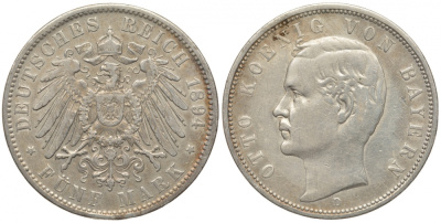Бавария 5 марок 1894 D, Отто (1886-1913) Weege 47, J. 46, KM 512 серебро 413-4925