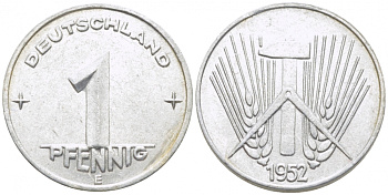 ГДР 1 ПФЕННИГ 1952 E KM 5 алюминий 105-1233