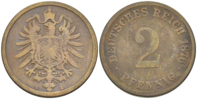 Германия 2 пфеннига 1876 E, старогербовка KM 2, Jager 2, Weege 3 медь 212-714