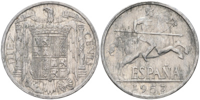 Испания 10 сентимо 1953 всадник KM 766 алюминий 4116-1054