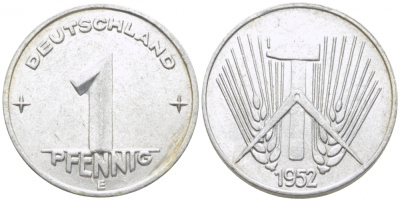ГДР 1 ПФЕННИГ 1952 E KM 5 алюминий 105-1233