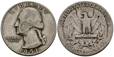 США 25 центов = квотер 1951 Вашингтон KM 164 серебро 4177-724