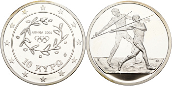 Греция 10 евро 2003 XXVIII летние Олимпийские игры 2004 года в Афинах, метание копья KM 193 серебро PROOF 11-244-34