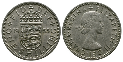 Великобритания 1 шиллинг 1955 Елизавета II (1952-2022), Английский герб KM 904, Spink 4147 медно-никель 4384-321