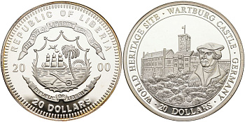 Либерия 20 долларов 2000 серия объекты всемирного наследия, замок Вартбург в Эйзенахе серебро PROOF 11-155-22