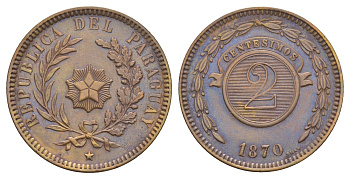 Парагвай 2 сентесимо 1870 год-тип, SHAW KM 3 медь 1519-1222