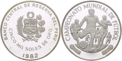 Перу 5000 солей 1982 чемпионат мира по футболу 1982 года в Испании, атака KM 284 серебро PROOF 01-149-41