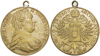 АВСТРИЯ МЕДАЛЬ 1780 МАРИЯ ТЕРЕЗА ИМПЕРАТРИЦА СВЯЩЕННОЙ РИМСКОЙ ИМПЕРИИ, С УШКОМ ДЛЯ НОШЕНИЯ, ДИАМЕТР 32 ММ. жёлтый металл 4527-715