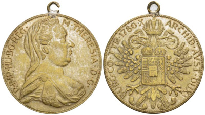 АВСТРИЯ МЕДАЛЬ 1780 МАРИЯ ТЕРЕЗА ИМПЕРАТРИЦА СВЯЩЕННОЙ РИМСКОЙ ИМПЕРИИ, С УШКОМ ДЛЯ НОШЕНИЯ, ДИАМЕТР 32 ММ. жёлтый металл 4527-715