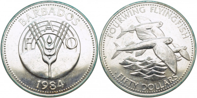 Барбадос 50 долларов 1984 FAO, крылатые рыбы, тираж 3600 экземпляров KM 42 серебро UNC 01-166-45