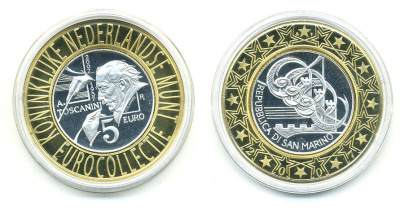 Сан-Марино 5 евро 2007 дирижер Артуро Тосканини, евроколлекция Нидерландского монетного двора KM 474 серебро PROOF 05-042-32