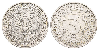 Германия 3 рейхсмарки 1927 1000 лет Нордхаузену KM 52 серебро 00-902-09