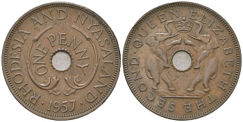 Родезия и Ньясаленд 1 пенни 1957 Елизавета II (1952-2022) KM 2 бронза 4616-121