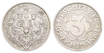 Германия 3 рейхсмарки 1927 1000 лет Нордхаузену KM 52 серебро 00-902-09