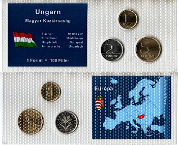 Венгрия набор из 3 монет (1, 2 и 5 форинтов) 2002, 2003 и 2004 в красочной упаковке с информацией о стране KM 692, 693 и 694 UNC 2-6-3-81