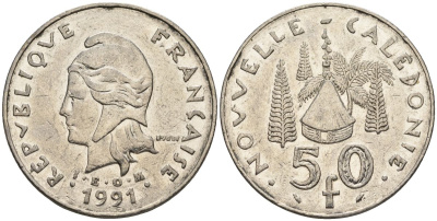 Французская Новая Каледония 50 франков 1991 хижина среди сосен и пальм, (IEOM) KM 13, Schoen 15, Lec 121 никель 4120-914