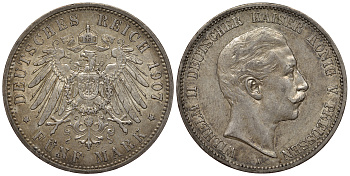 Пруссия 5 марок 1907 Вильгельм II (1888-1918) KM 523, J. 104 серебро 00-1067-10-33