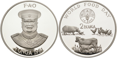 Тонга 2 паанга 1981 FAO, домашние животные, король Тауфа’ахау Тупоу IV (1967-2006) KM 73a серебро PROOF 1069-6-31