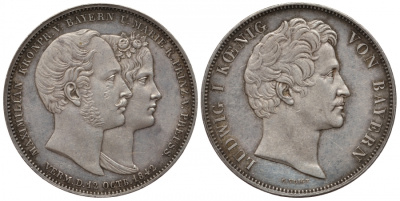 Бавария 2 талера 1842 Людвиг I, свадебный, свадьба Баварского Кронпринца Максимилиана и Марии Прусской AKS 104 b, Dav. 588, Kahnt 108 b, Thun 81 серебро 00-815-02