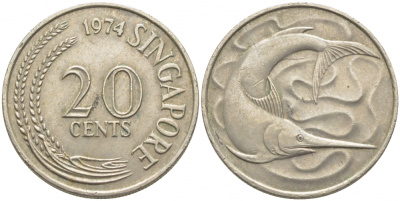 СИНГАПУР 20 ЦЕНТОВ 1974 ГОЛУБОЙ МАРЛИН, ТУНЕЦ KM 4 медно-никель 3856-1011