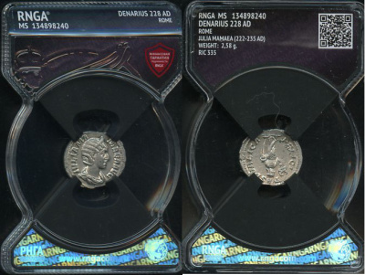 Римская Империя денарий 228 Юлия Мамея, мать Александра Севера, IVLIA MAMAEA AVG, бюст императрицы/FELICITAS PVBLICA, персонификация Счастья, Рим, в слабе RNGA - MS RIC 335 серебро 15-004-07