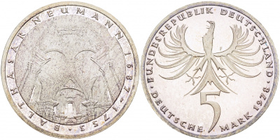 ФРГ 5 марок 1978 F, 225 лет со дня смерти Бальтазара Неймана KM 148, J.423 серебро PROOF 1087-2-63