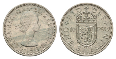 Великобритания 1 шиллинг 1959 Елизавета II (1952-2022), Шотландский герб, редкий год KM 905, Spink 4148 медно-никель 270-1435