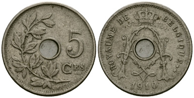 Бельгия 5 сантимов 1910 Belgique, Альберт I (1909-1934) KM 66 медно-никель 4173-431