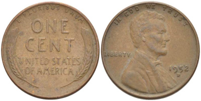США 1 ЦЕНТ 1952 D, ЛИНКОЛЬН KM А132 медь цинк 218-619