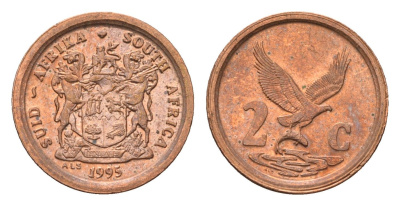 ЮАР 2 цента 1995 орел с рыбой KM 133 сталь плакированная медью UNC 4694-265