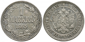 Россия для Финляндии 1 марка 1865 S, Александр II (1855-1881) Биткин 625, KM 3.1 серебро PROOF LIKE 10-016-23