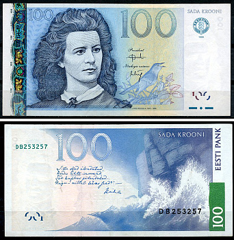 Эстония 100 крон 1999 Лидия Койдула, волны и скалы Pick 82 a  бумага  UNC (пресс) 8611-17-3-1