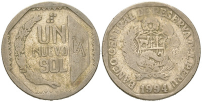 Перу 1 новый соль 1994 KM 308 медно-никель 4616-1124