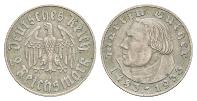 Германия 2 рейхсмарки 1933 A, 450 лет со дня рождения Мартина Лютера KM 79 серебро 1525-1045